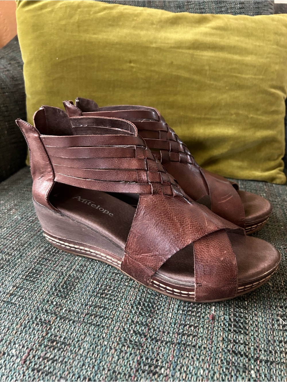 Antelope Brown Leather Woven Platform Sandals